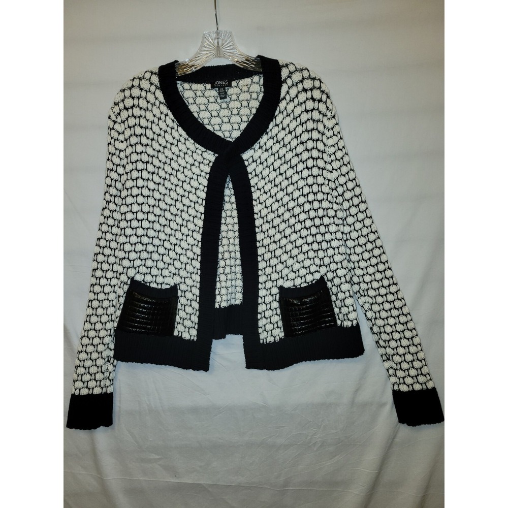Jones New York Sweater Size M White And Black Open Front Cardigan Longsleeve